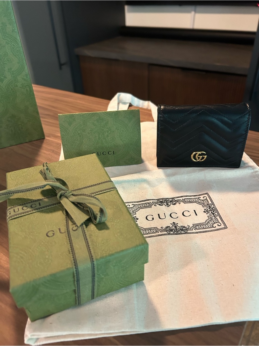 Gucci GG Marmont Black Matelassé Leather Card Case Wallet Full Set